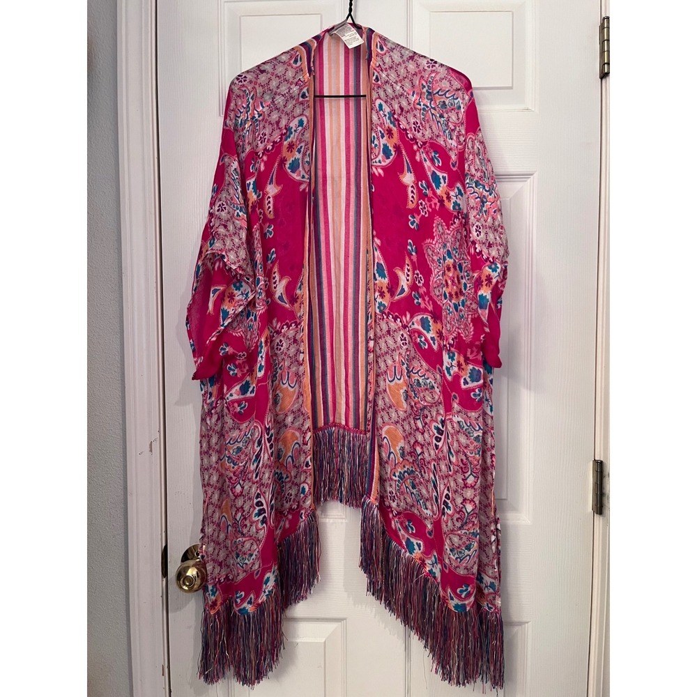 Chicos Pink Paisley Striped Fringe Kimono Wrap Open Front Linen Blend L/XL